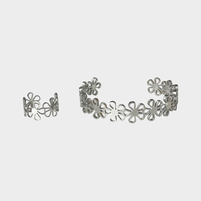 Floral Bracelet Ring Silver Set