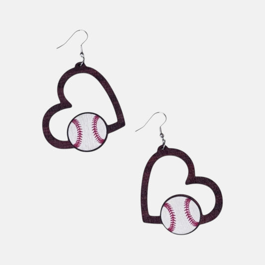 Heart Baseball Wood Earring