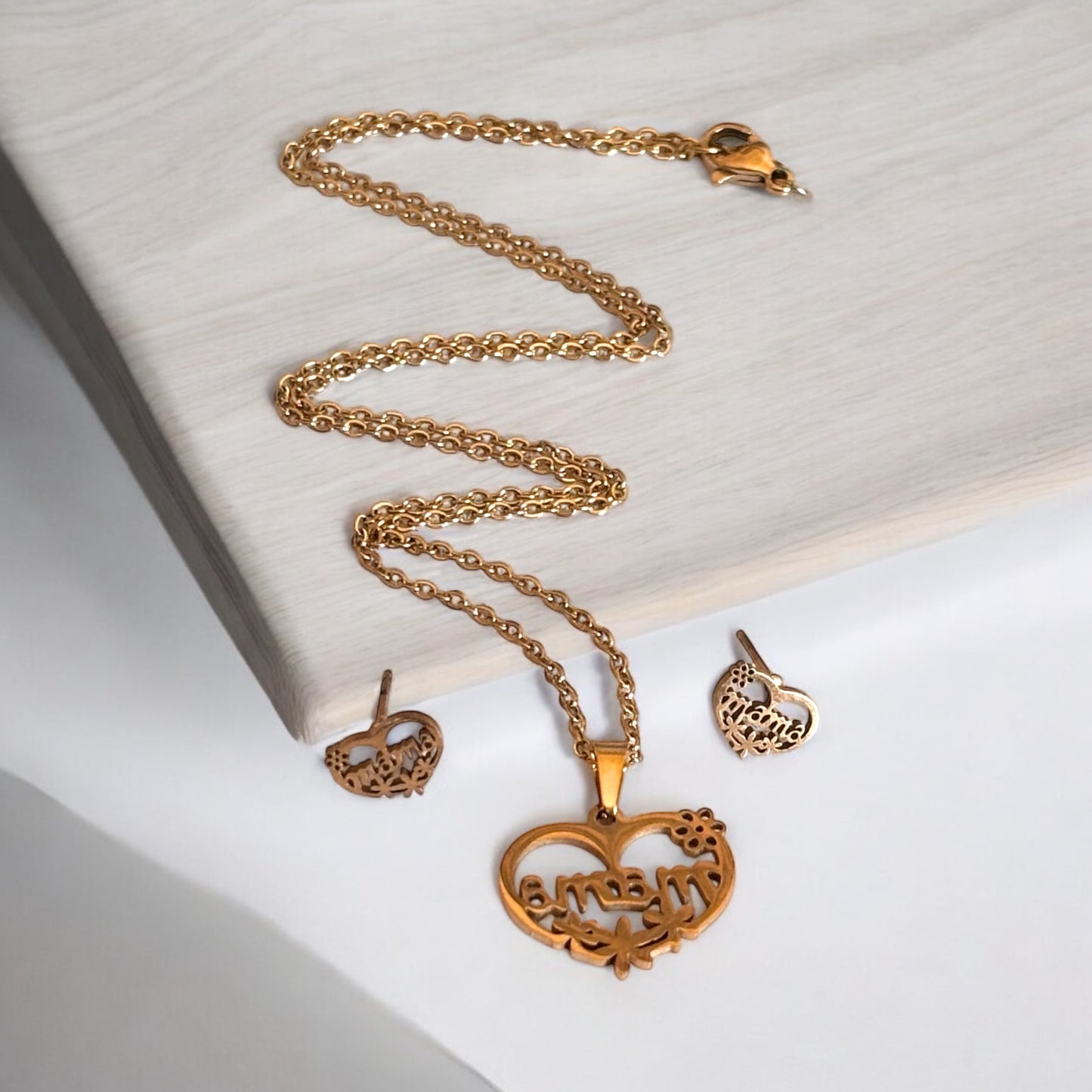 Conjunto de collar y pendientes con colgante de flor de rosa y corazón de amor de mamá en acero inoxidable
