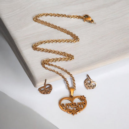 Conjunto de collar y pendientes con colgante de flor de rosa y corazón de amor de mamá en acero inoxidable
