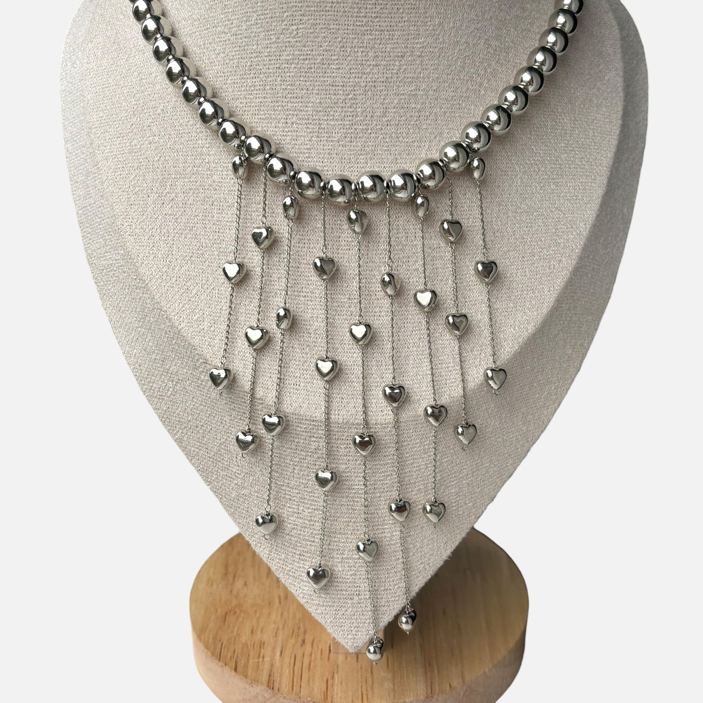 Silver Alloy Heart Cascade Choker Necklace