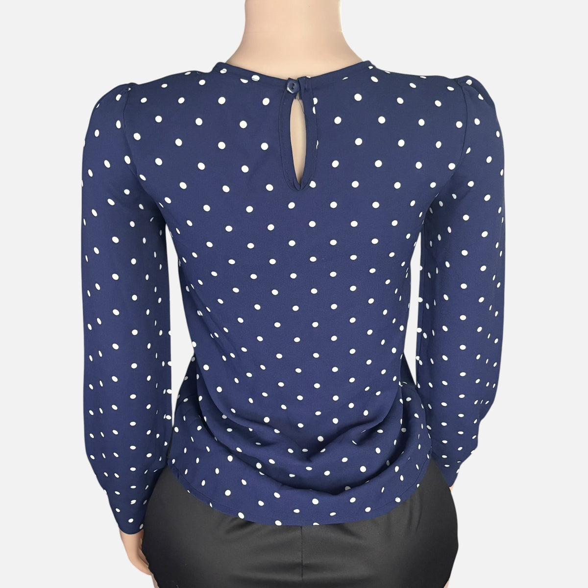 Navy Polka Dot Keyhole Long Sleeve Blouse