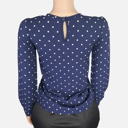 Navy Polka Dot Keyhole Long Sleeve Blouse