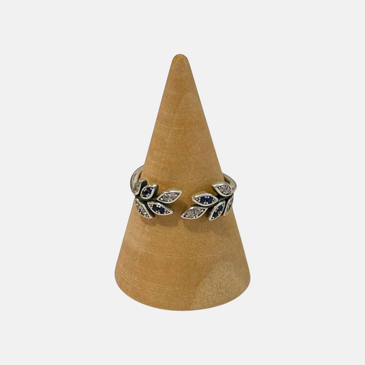 Omayra Boutique 925 sterling silver adjustable ring with a leaf design featuring blue and clear zircon stones.