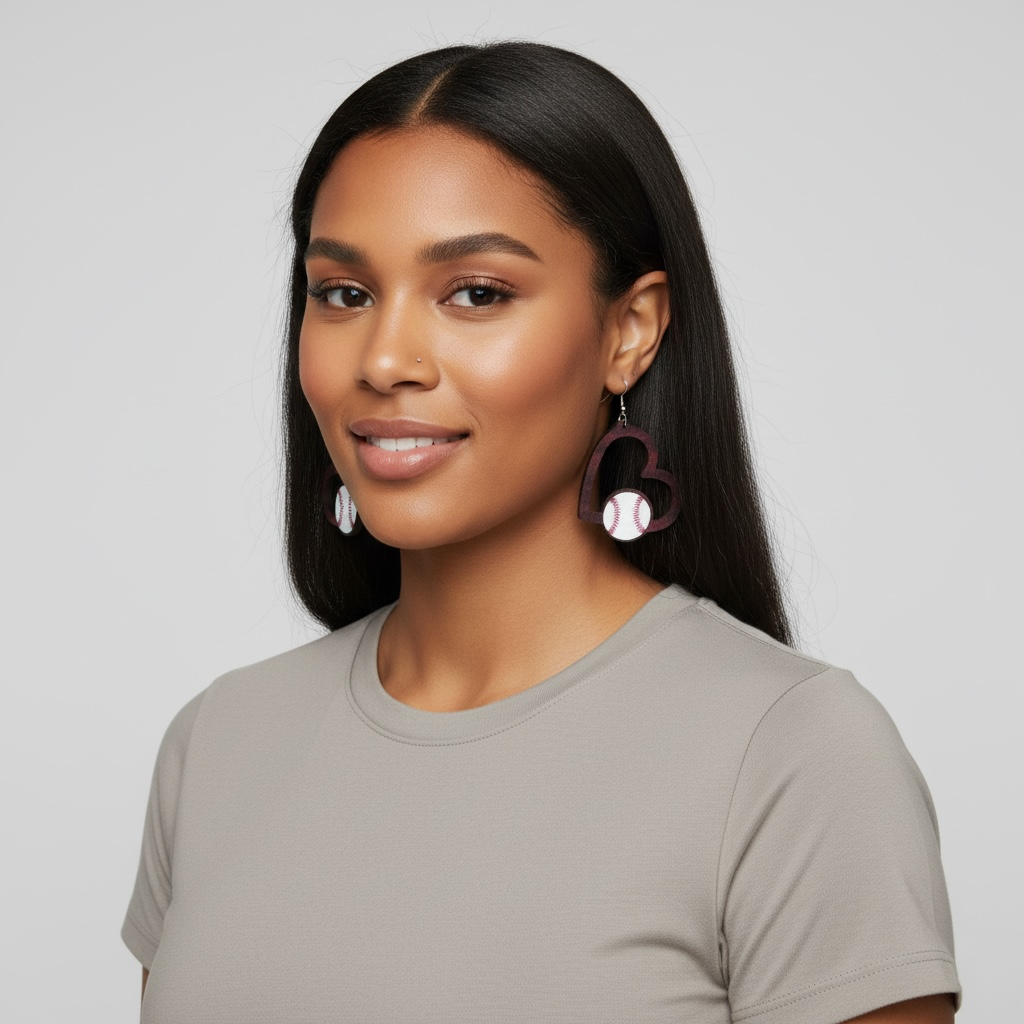 Heart Baseball Wood Earring