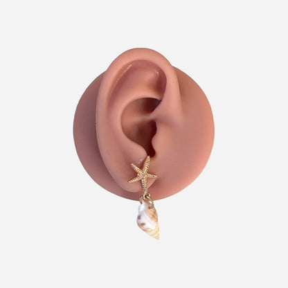 Gold Starfish Drop Earrings with Shell Charm
