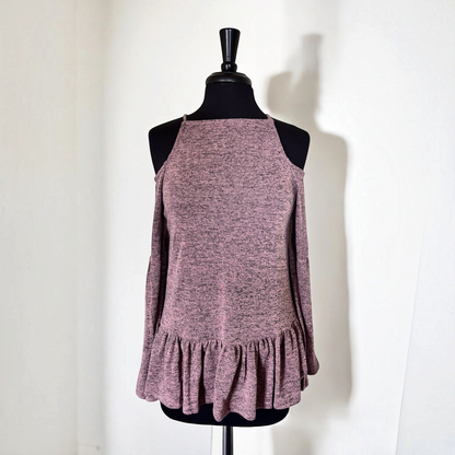 Omayra Boutique lavender open shoulder top with long sleeves and a ruffled peplum hem on a mannequin
