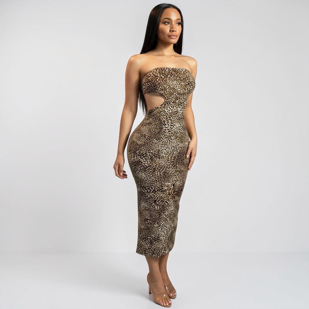 Leopard Print Strapless Cutout Midi Dress