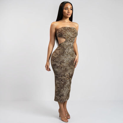 Leopard Print Strapless Cutout Midi Dress