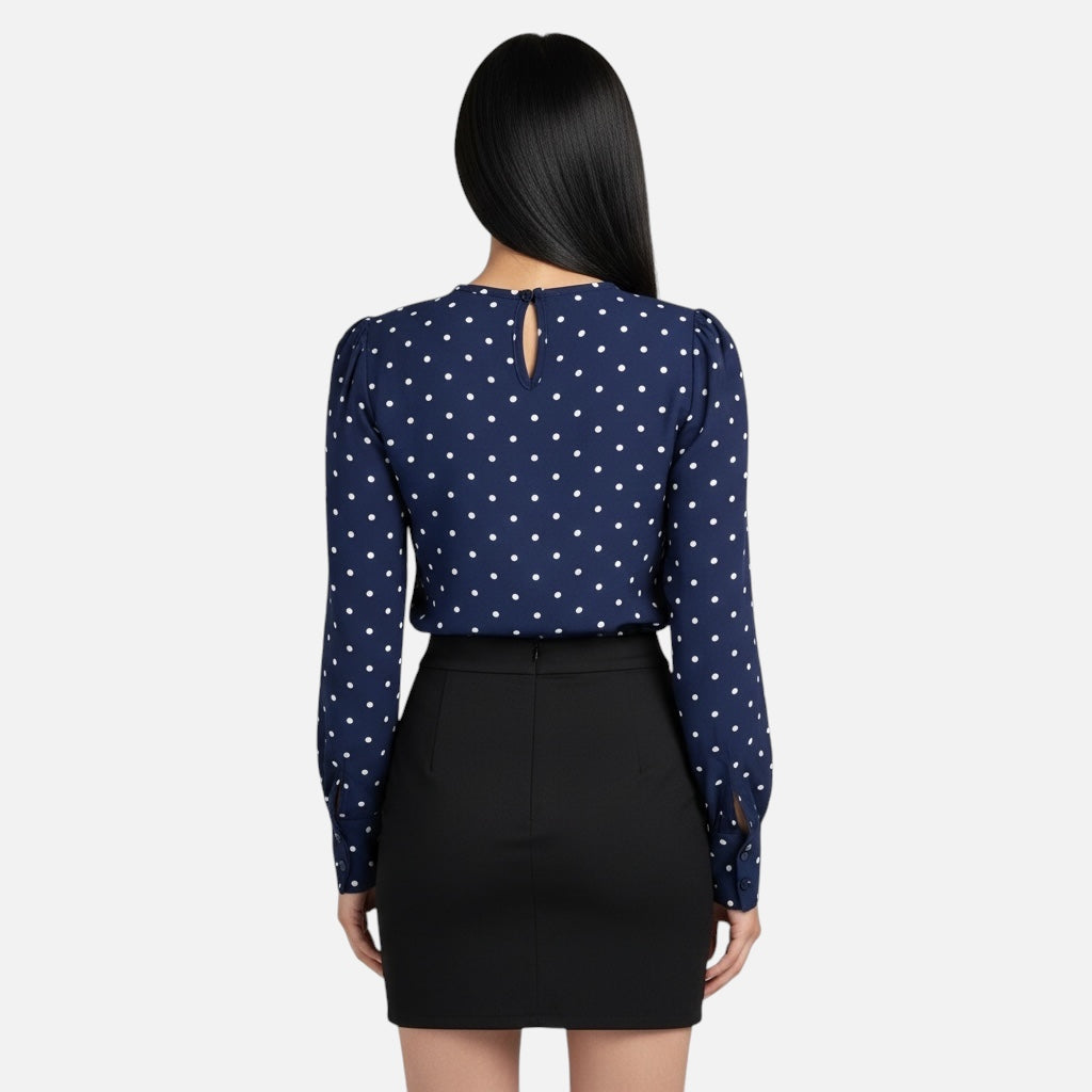 Navy Polka Dot Keyhole Long Sleeve Blouse