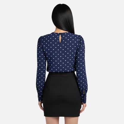 Navy Polka Dot Keyhole Long Sleeve Blouse