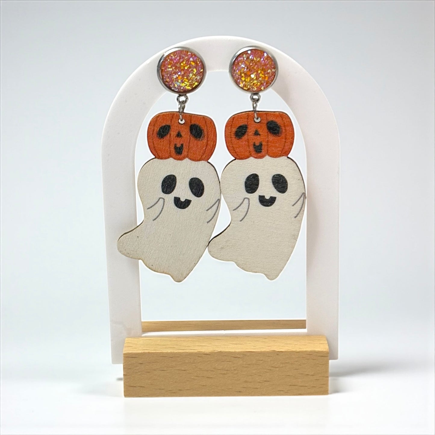 Pumpkin Ghost Wood Drop Earrings