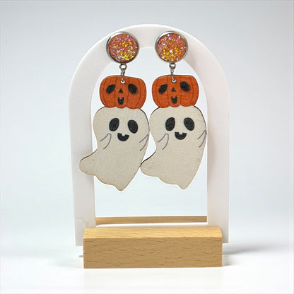 Pumpkin Ghost Wood Drop Earrings