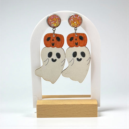 Pumpkin Ghost Wood Drop Earrings