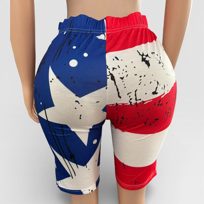 Conjunto de dos piezas de pantalones cortos con estampado de bandera estadounidense para mujer
