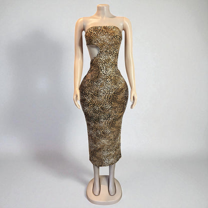 Leopard Print Strapless Midi Dress