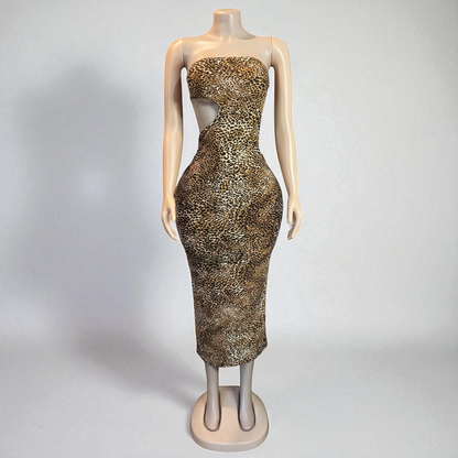 Leopard Print Strapless Midi Dress