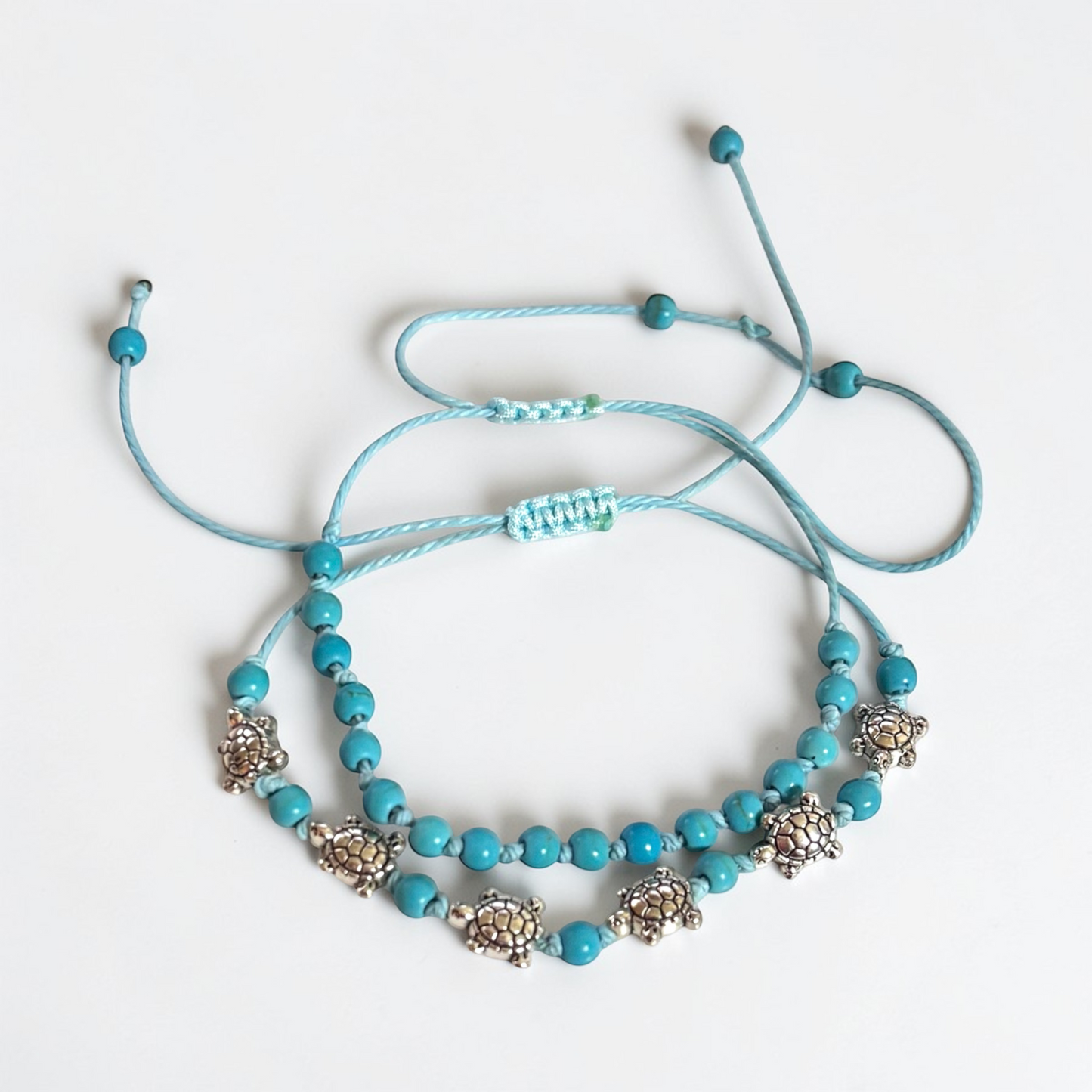 Pulsera de tobillo con forma de tortuga bohemia hecha a mano y anudada de 2 piezas