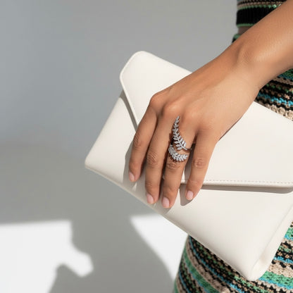 Silver Sterling Open Crystal Leaves Ring