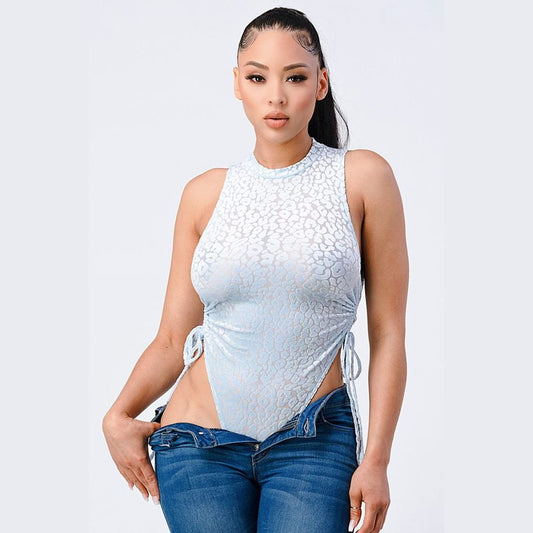 Velvet Leopard Side Shirring Extreme Cut Bodysuit