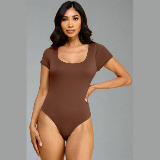Short Sleeve Scoop Neck Double Layered Bodysuit