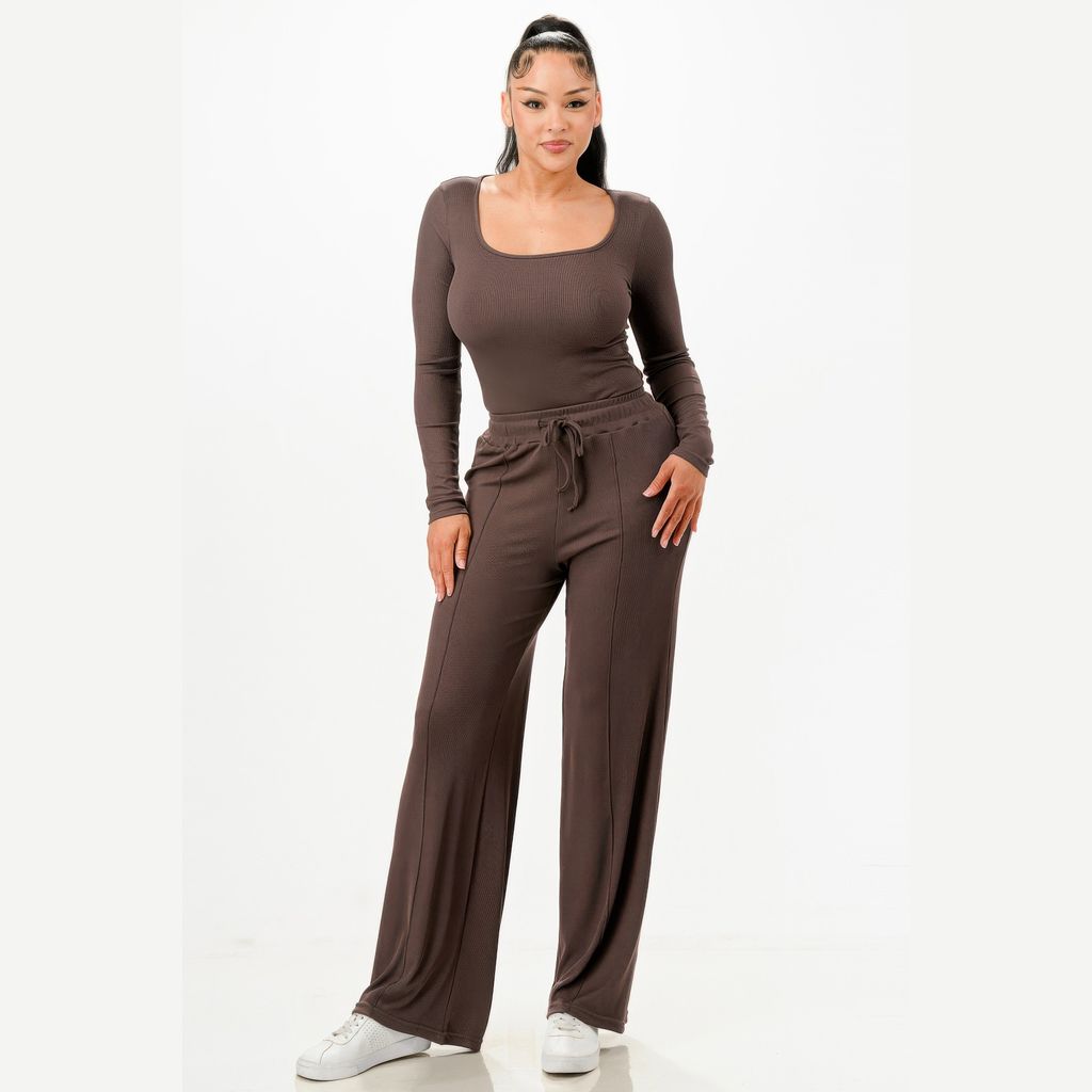 Long Sleeve Ribbed Bodysuit And Pants Set
