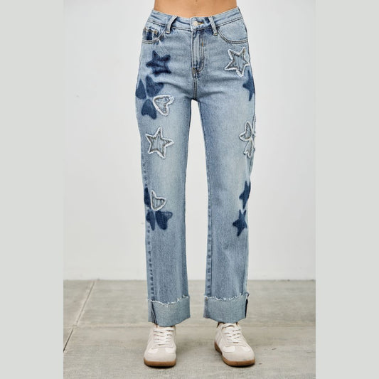 High Rise Star & Heart Patched Dad Jean W/stretch