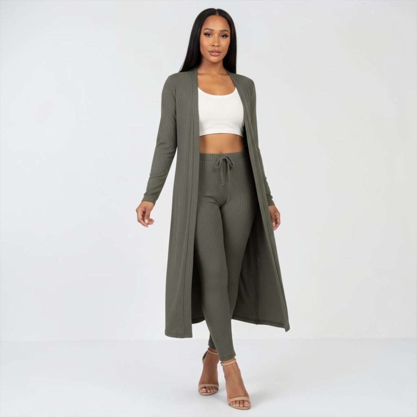 Olive Ribbed Cardigan & Leggings Set