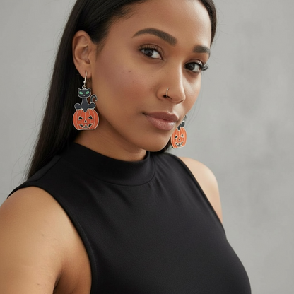 Black cat Over Pumpkin Earring