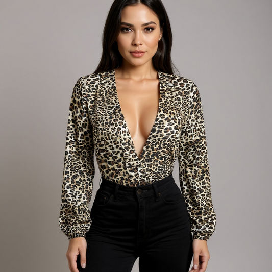 Long Sleeve Leopard V Neck Bodysuit