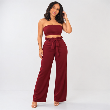 Burgundy Strapless Two-Piece Pant Set