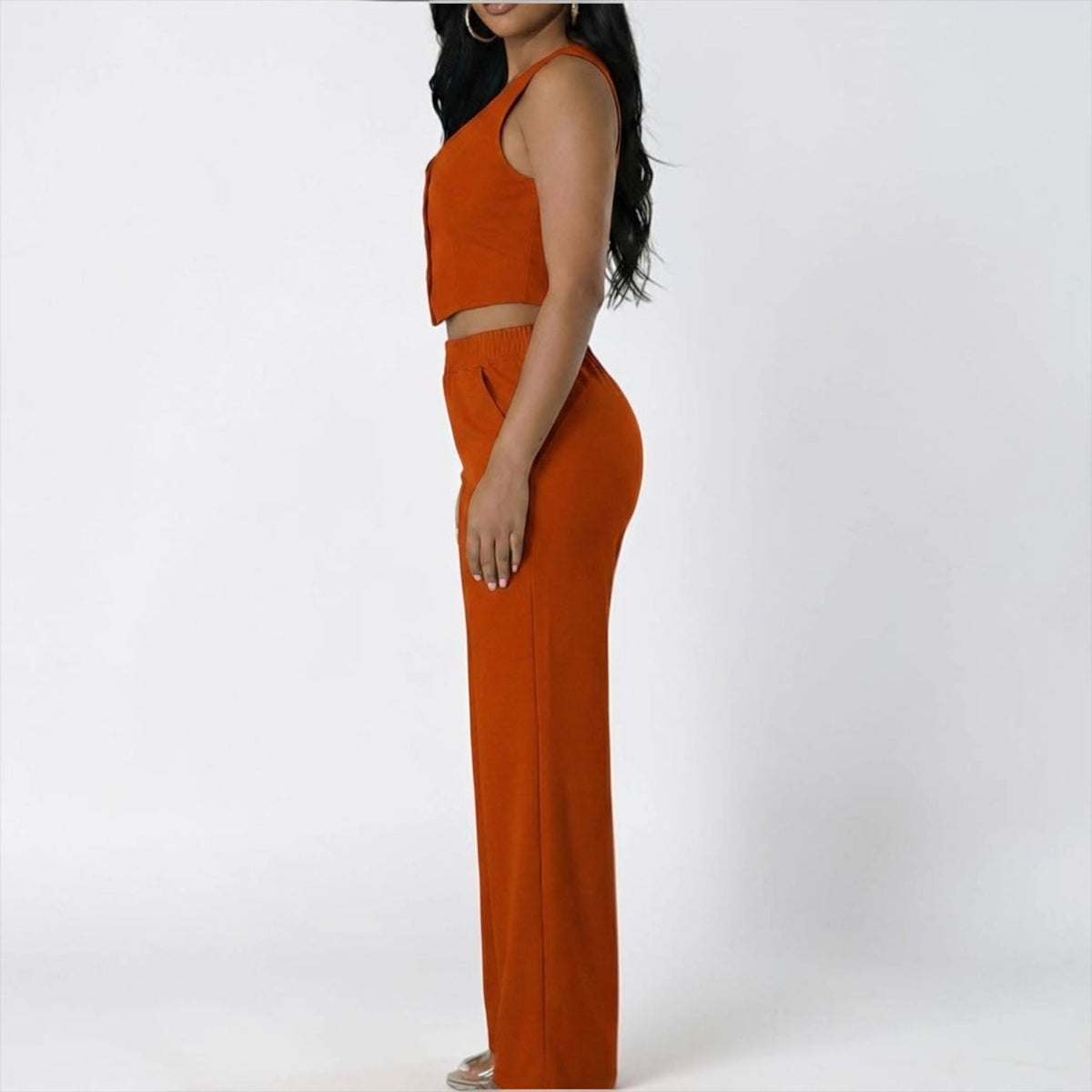 Rust Scoop Neck Vest & Wide Leg Pants Set