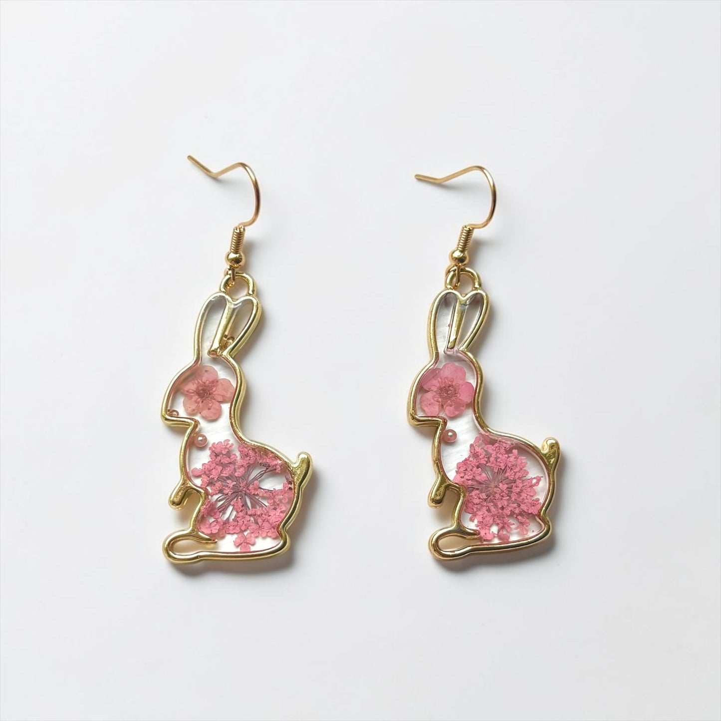 Clear Bunny Earrings with Pink Flower & Gold Detail