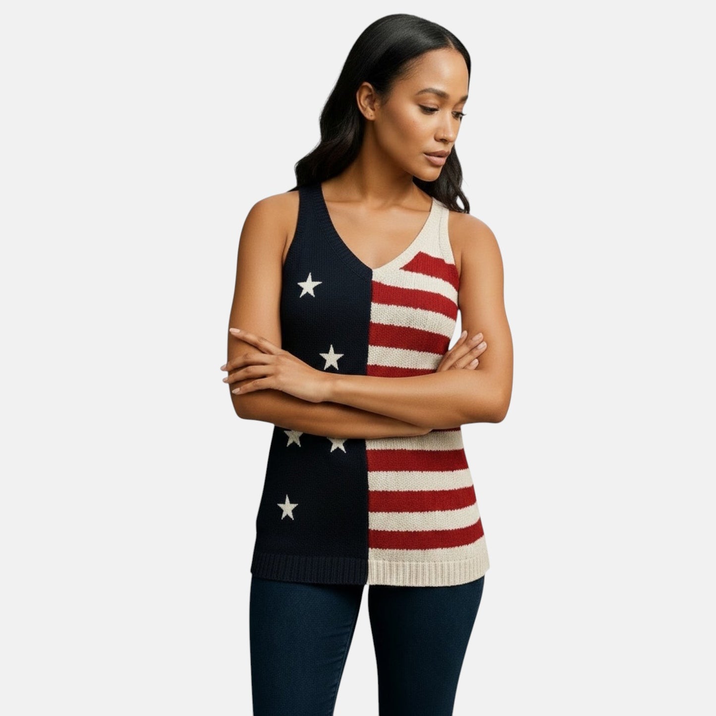 Camiseta de punto con estampado de bandera de estrellas y rayas rojas
