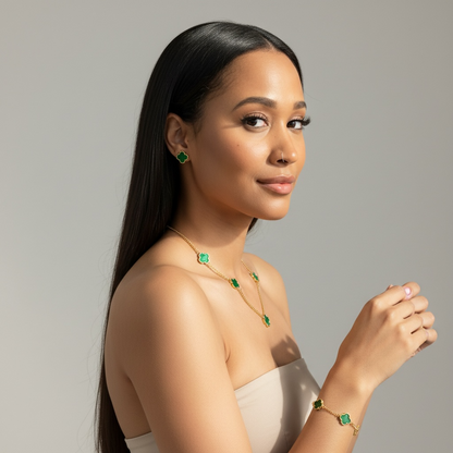 Gold & Green Clover Necklace, Bracelet & Earrings Set