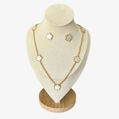 Gold & White Clover Necklace & Stud Earrings Set