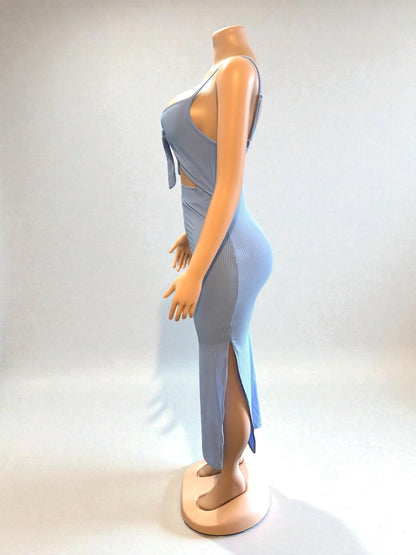 Vestido largo azul con abertura lateral para mujer