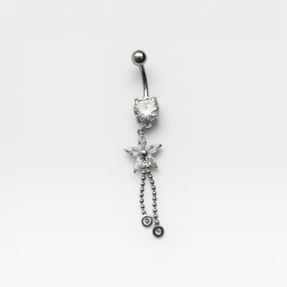 Silver Crystal Flower Dangle Belly Ring