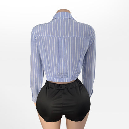 Blue Striped Button Down Crop Top