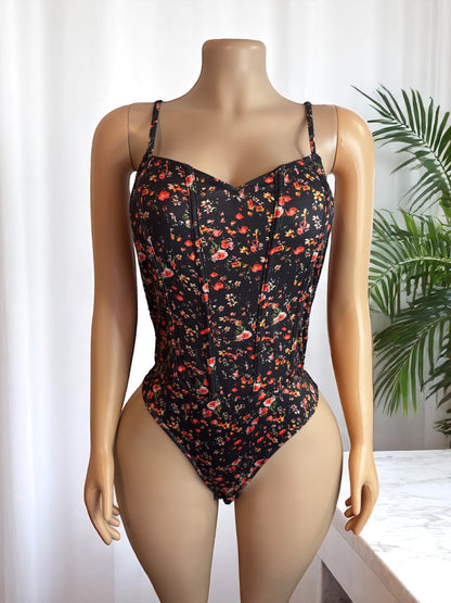 Boho Floral Print Spaghetti Straps Bodysuit