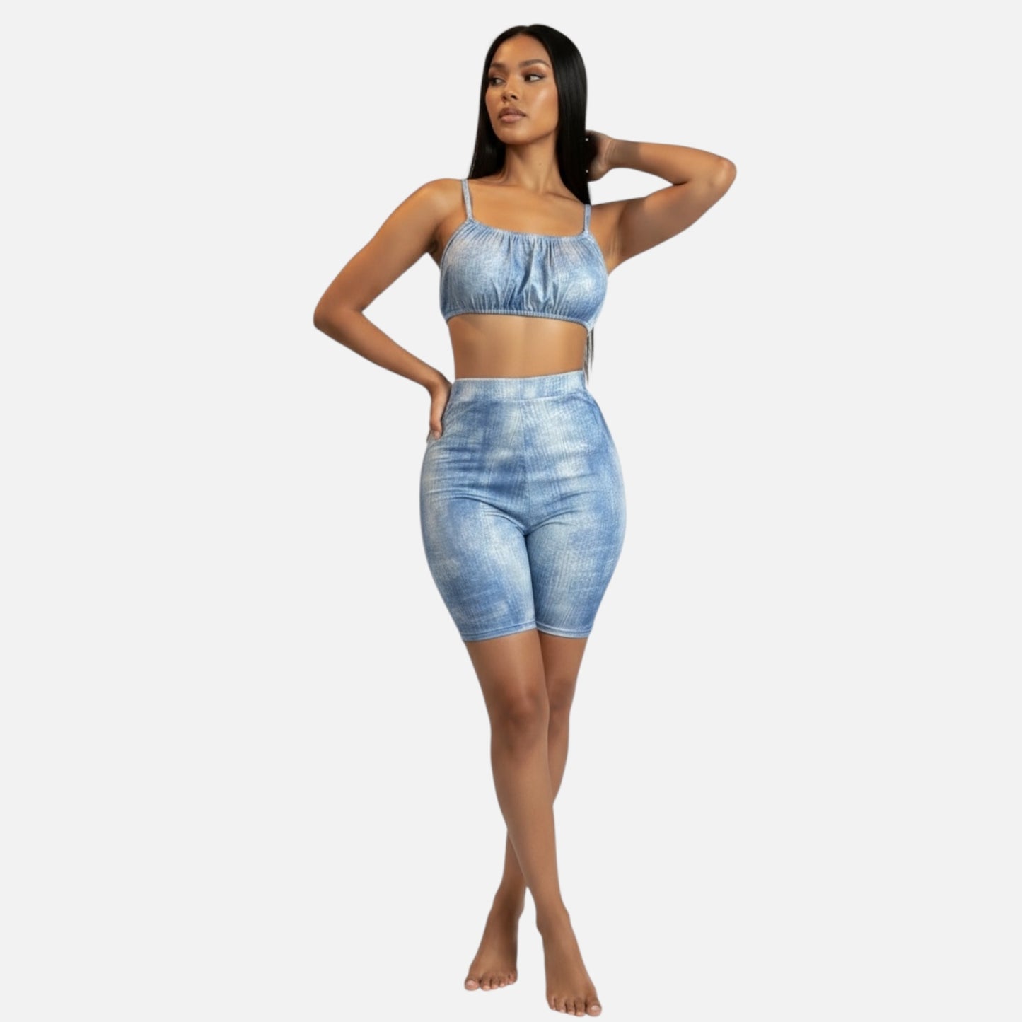 Conjunto corto de dos piezas de talle alto en color azul