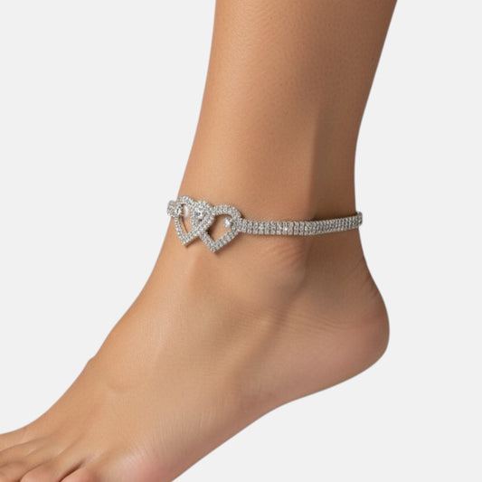 Silver Double Heart Anklet Bracelet