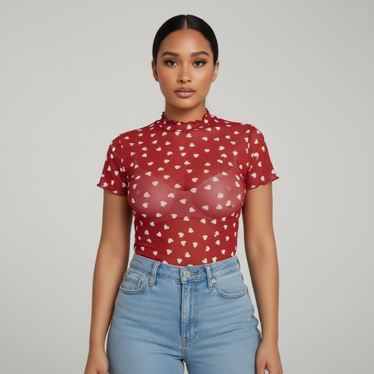 Allover Heart Mock Neck Mesh Red Top