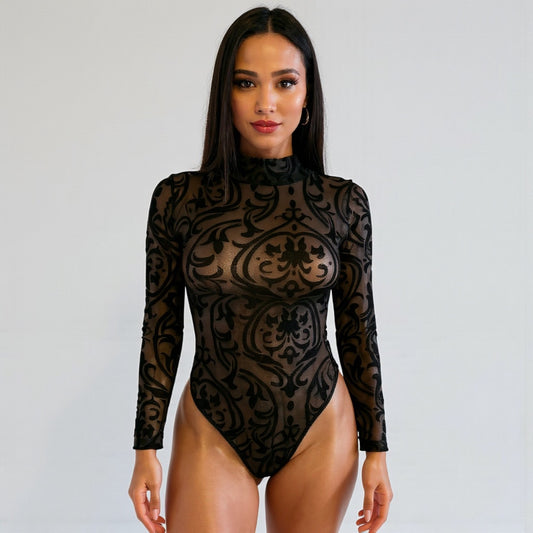 Sheer Mesh Long Sleeve Black Bodysuit