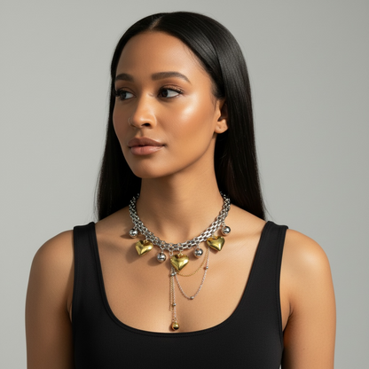 Two-Tone Layered Heart Charm Statement Necklace