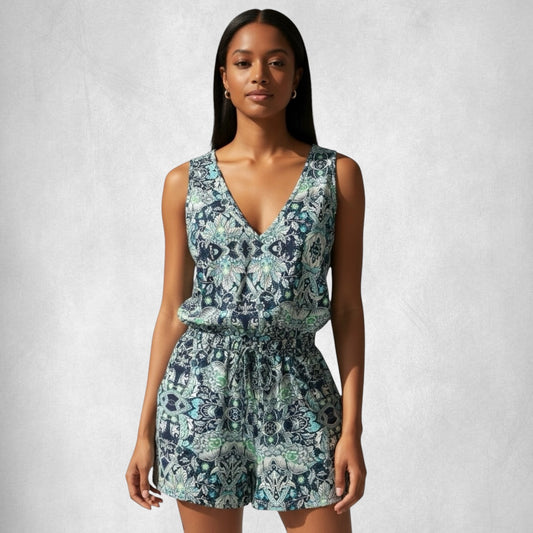 Mono corto estilo camiseta sin mangas con bolsillos laterales para mujer, color verde