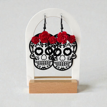 Red Roses Skull Head Drop Earrings