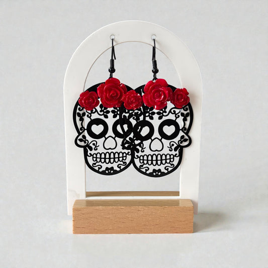 Red Roses Skull Head Drop Earrings