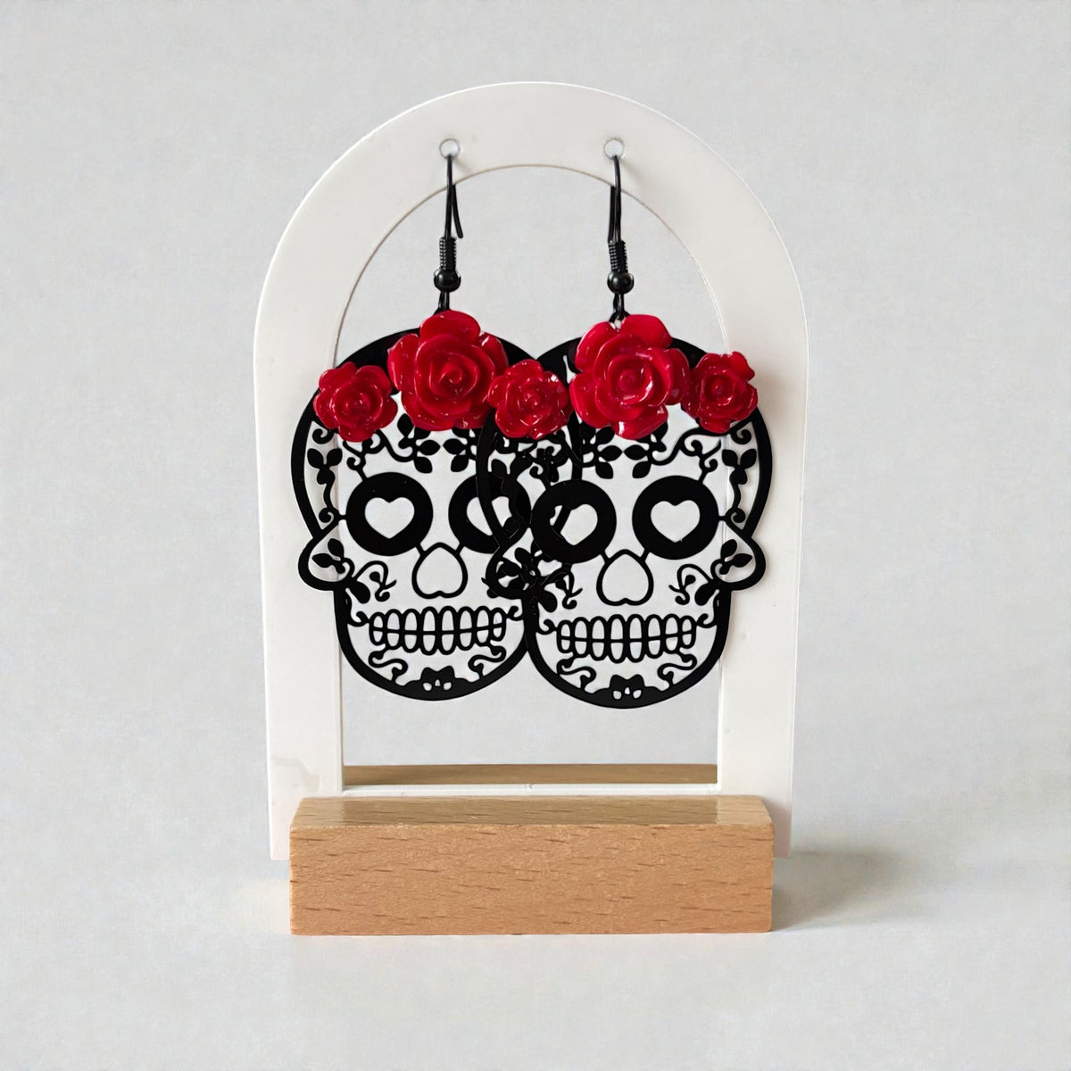 Red Rose Sugar Skull Drop Earrings