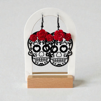 Red Rose Sugar Skull Drop Earrings